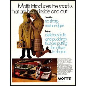 1970 Mott's Snacks Chocolate Pudding Vintage Print Ad Baseball Lunchbox Mom Son